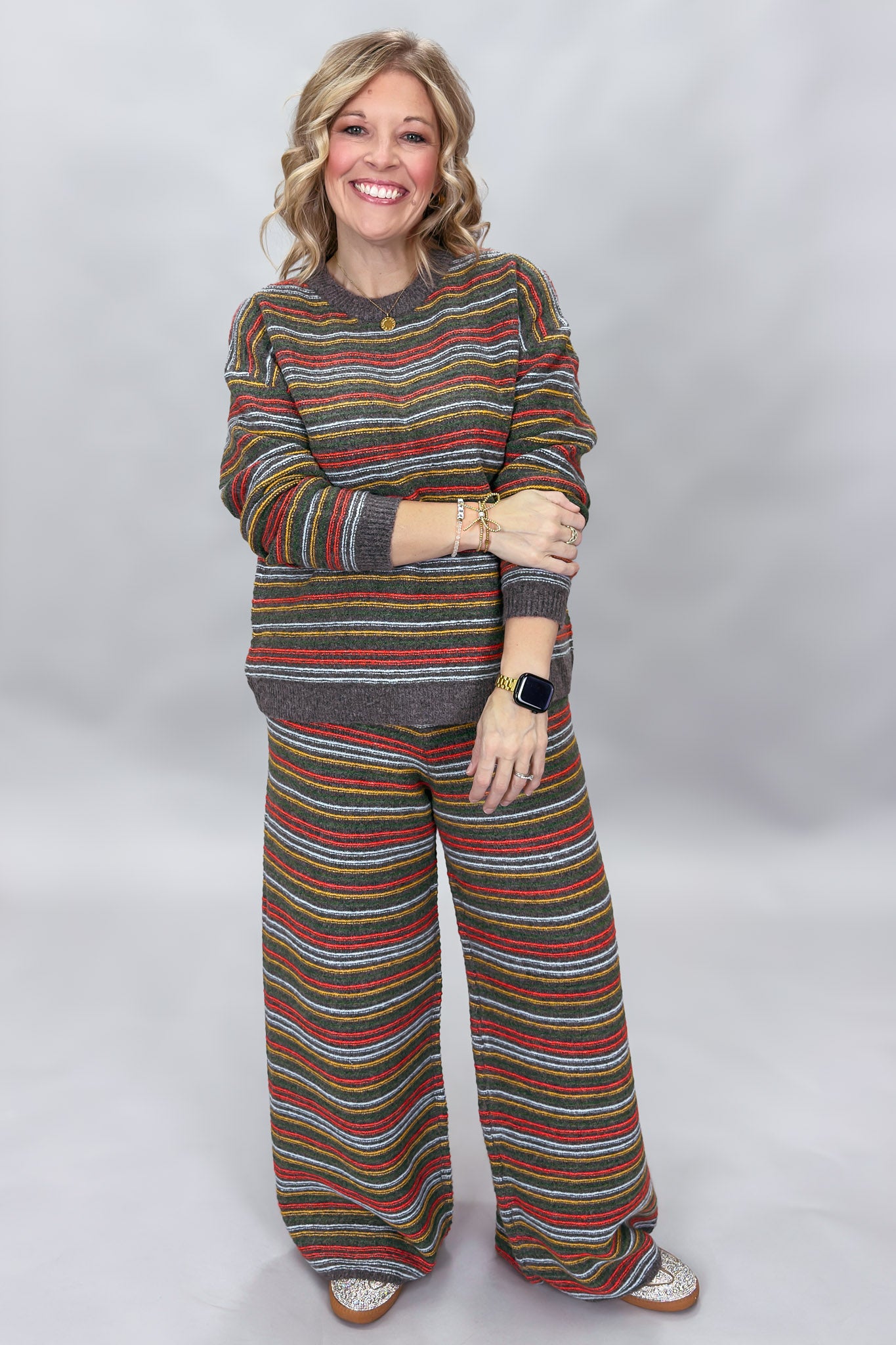 Multi Striped Long Sleeve Sweater & Wide Leg Pant Set