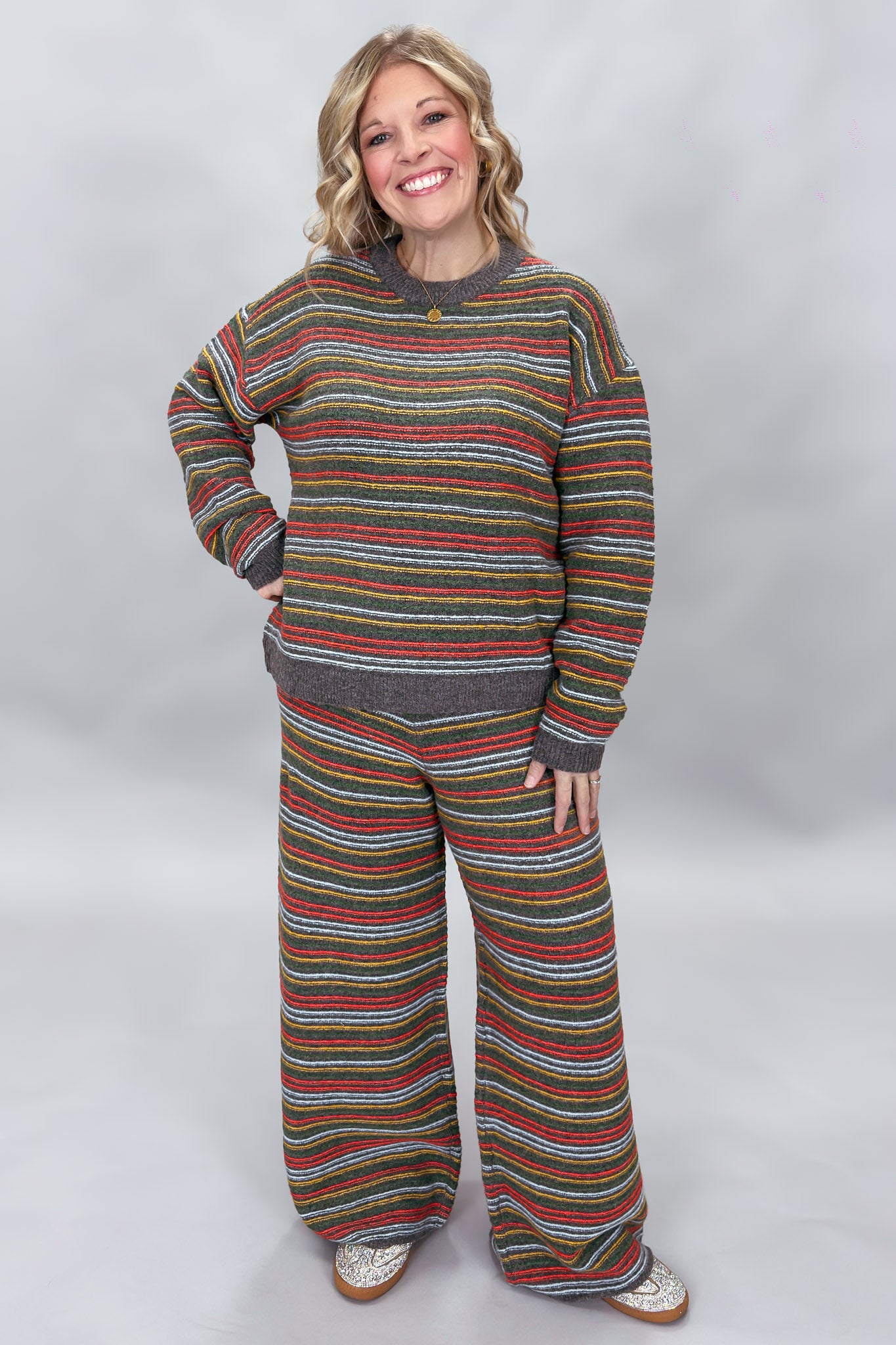 Multi Striped Long Sleeve Sweater & Wide Leg Pant Set