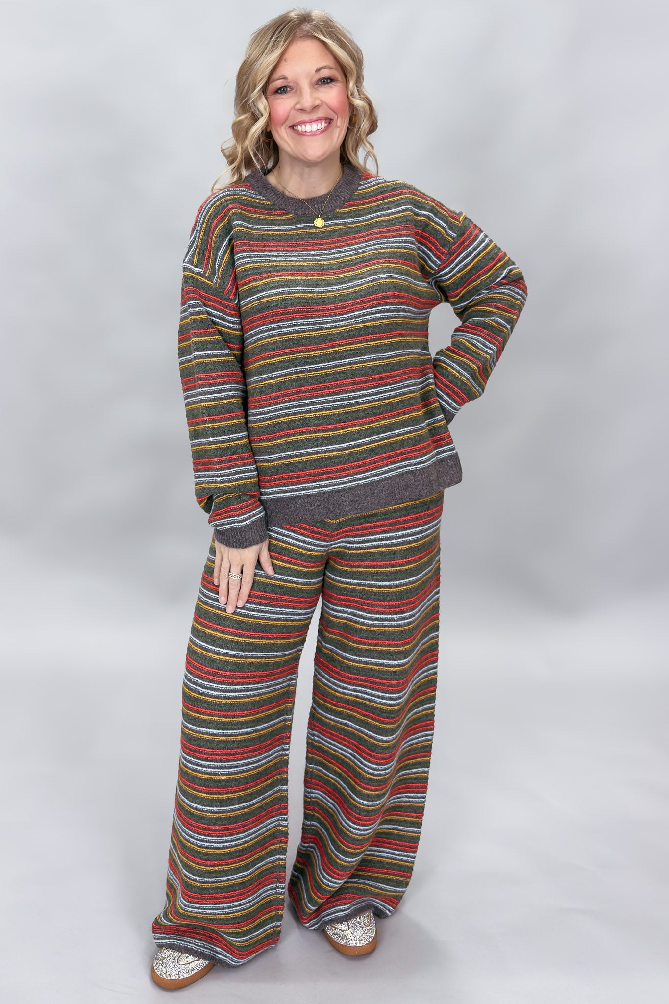Compania Fantastica multicolor striped sweater and wide-leg pants set; front model view.