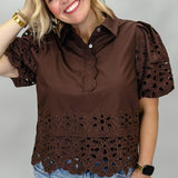 My Regards Floral Eyelet 3/4 Button Blouse, Brown