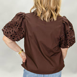 My Regards Floral Eyelet 3/4 Button Blouse, Brown