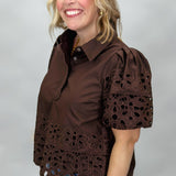 My Regards Floral Eyelet 3/4 Button Blouse, Brown