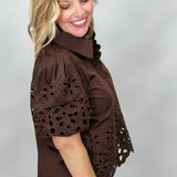 My Regards Floral Eyelet 3/4 Button Blouse, Brown