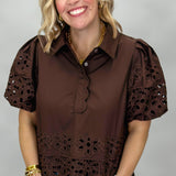 My Regards Floral Eyelet 3/4 Button Blouse, Brown