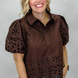 My Regards Floral Eyelet 3/4 Button Blouse, Brown