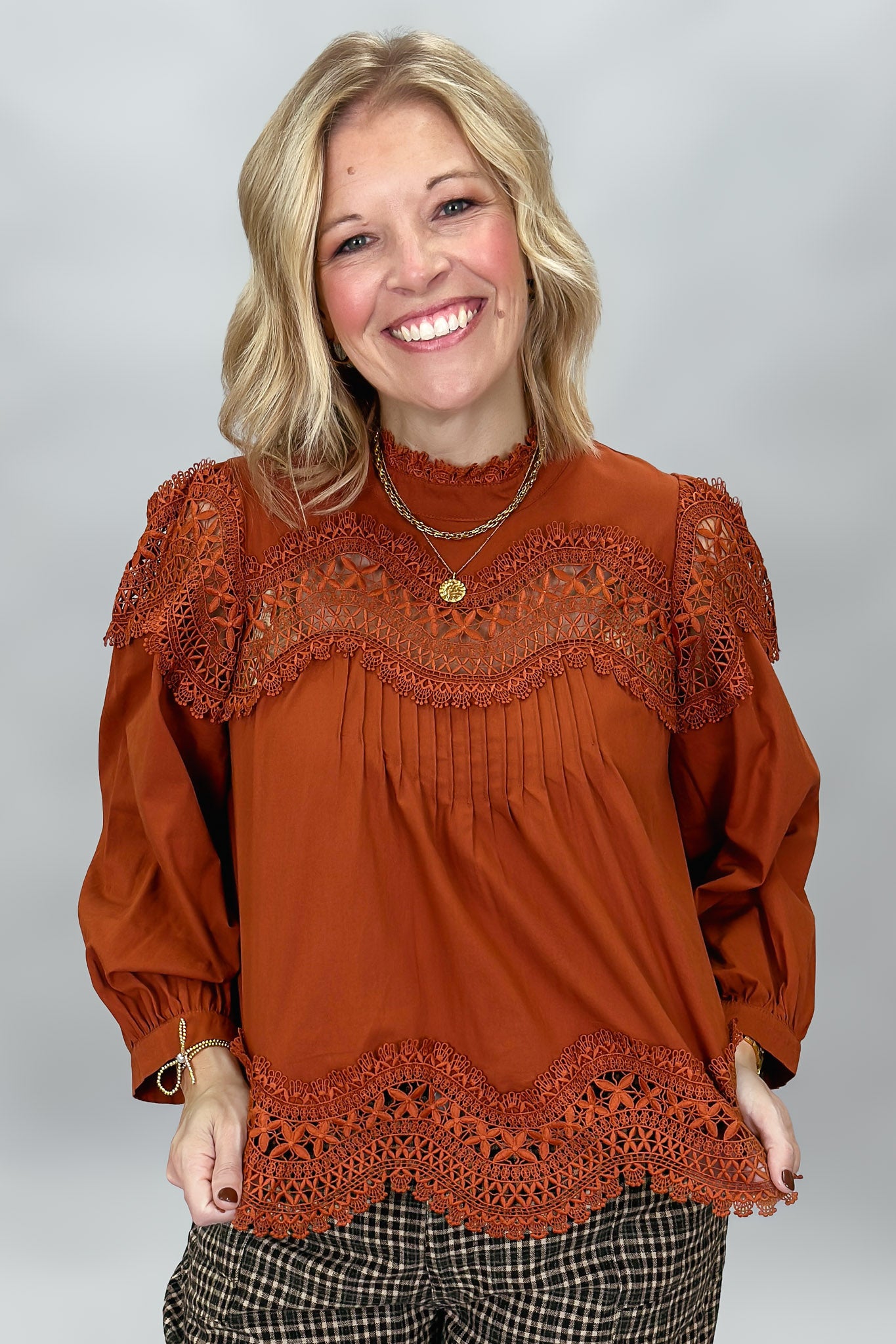 My Revival Boho Lace Long Sleeve Blouse, Burnt Orange