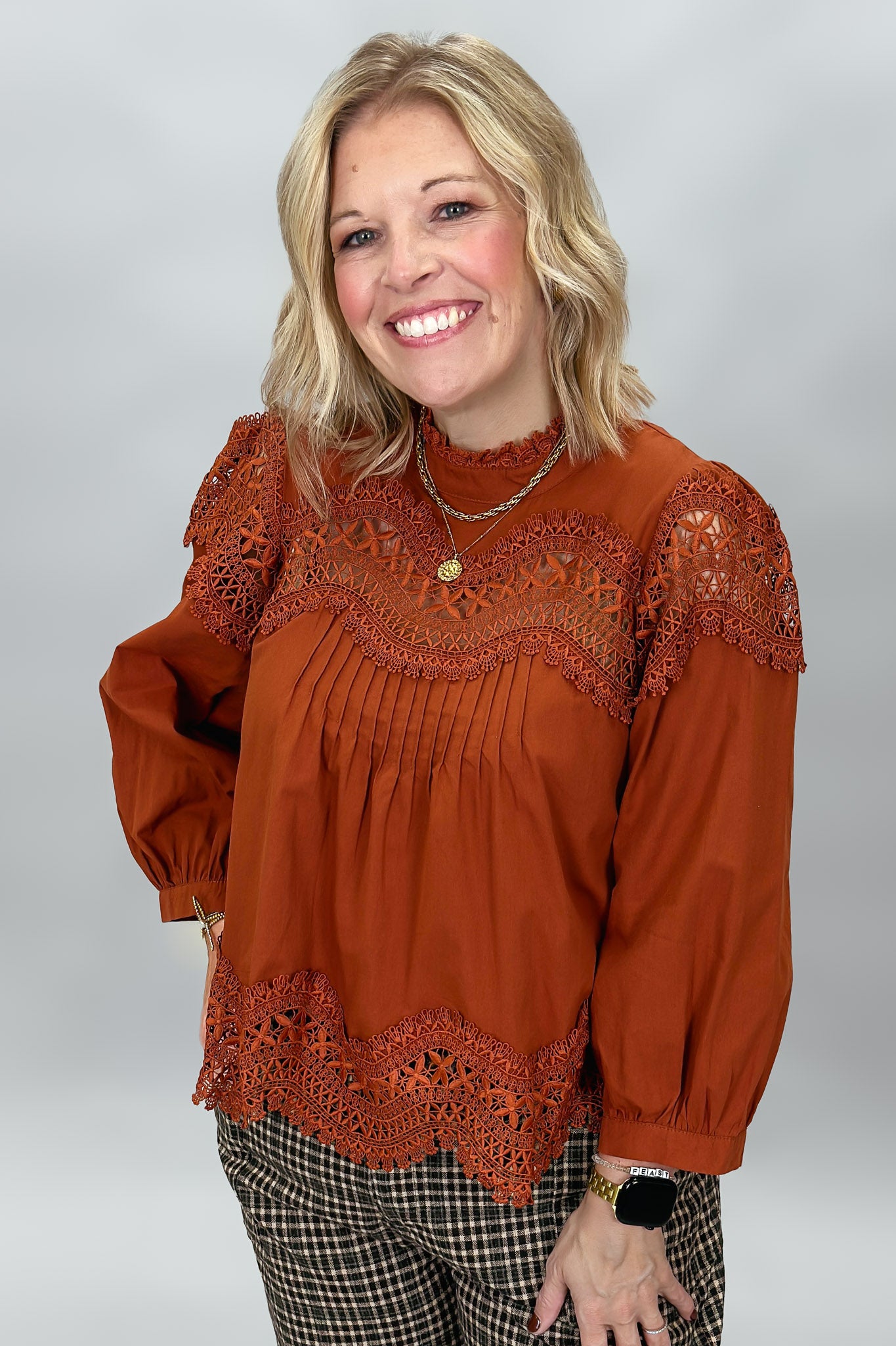 My Revival Boho Lace Long Sleeve Blouse, Burnt Orange