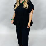 My Sharona Black Smocked Peplum Top & Wide Leg Pant Set, Black