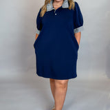 Never Really Over Ruffle Striped-Collared & Solid Mini Dress, Navy