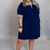 Never Really Over Ruffle Striped-Collared & Solid Mini Dress, Navy