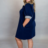 Never Really Over Ruffle Striped-Collared & Solid Mini Dress, Navy