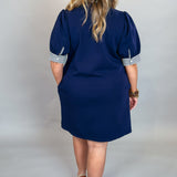 Never Really Over Ruffle Striped-Collared & Solid Mini Dress, Navy