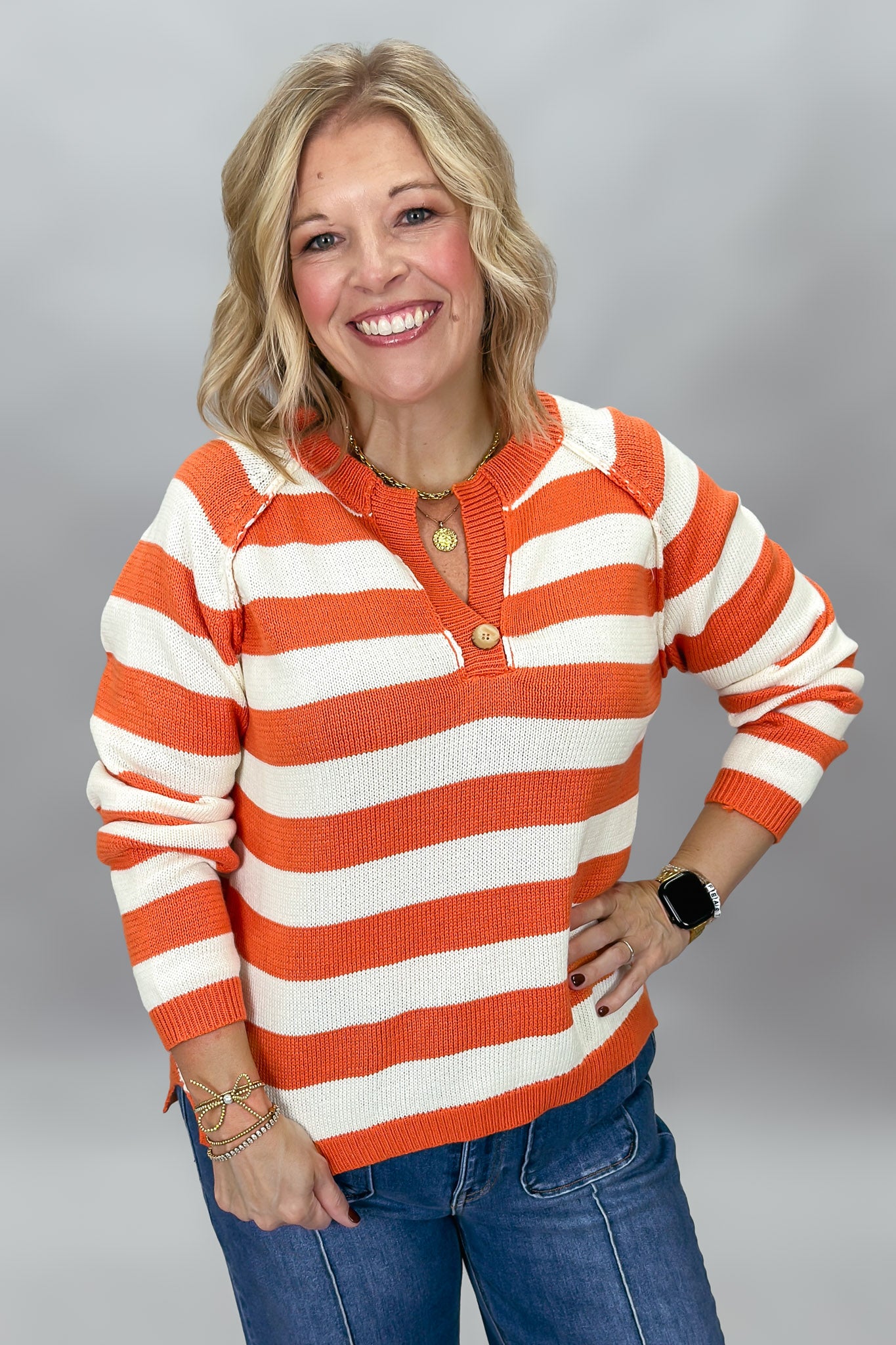 New Gold Striped V-neck Long Sleeve Sweater, Orange