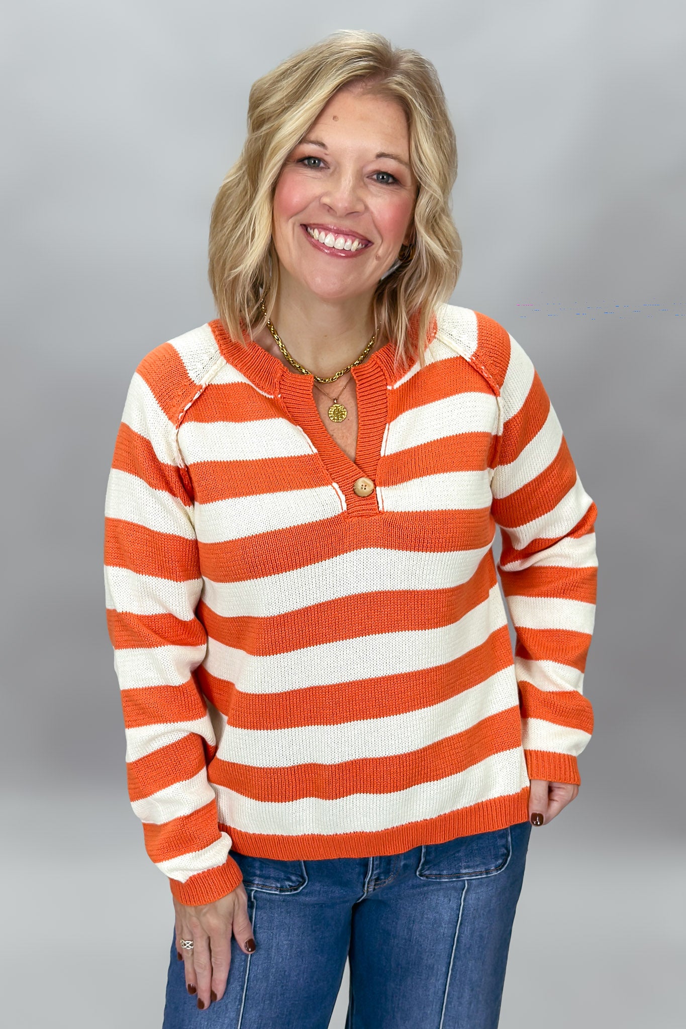 New Gold Striped V-neck Long Sleeve Sweater, Orange