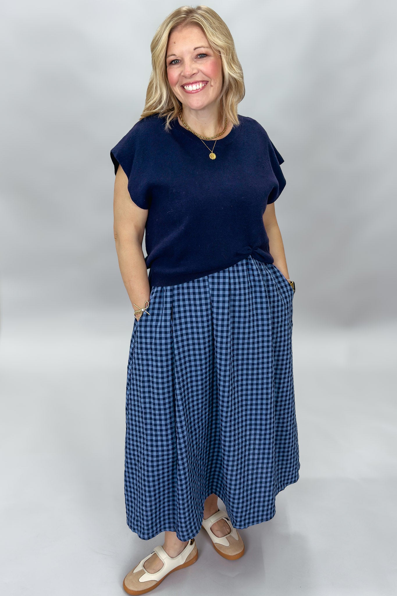 Entro New York Confident navy gingham layered dress, front view