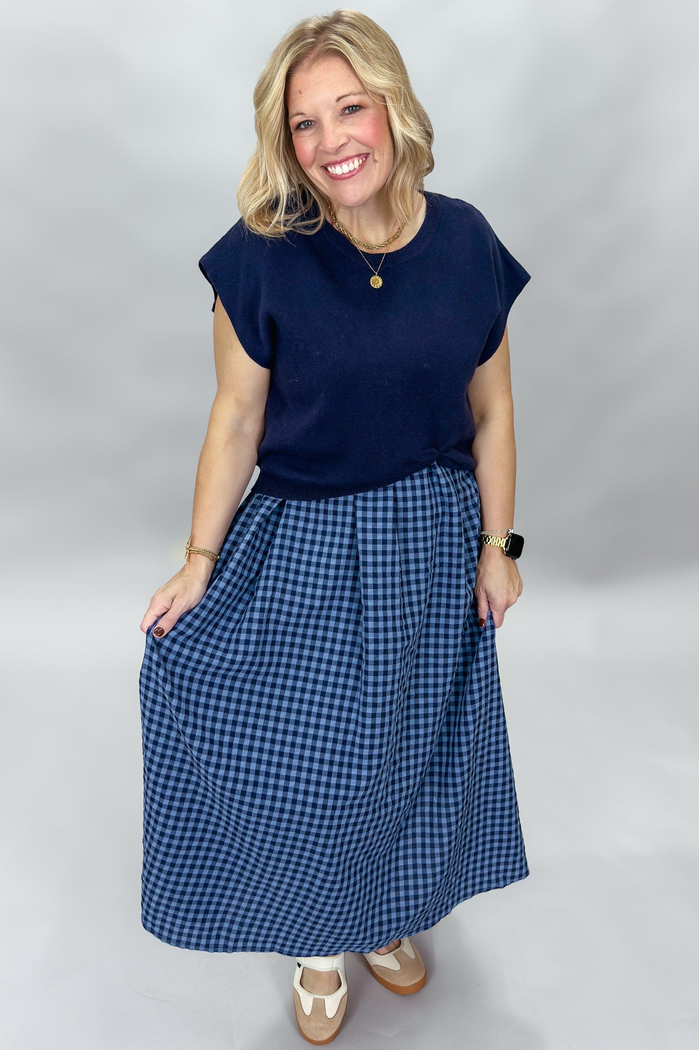 Entro New York Confident navy gingham layered dress, back view
