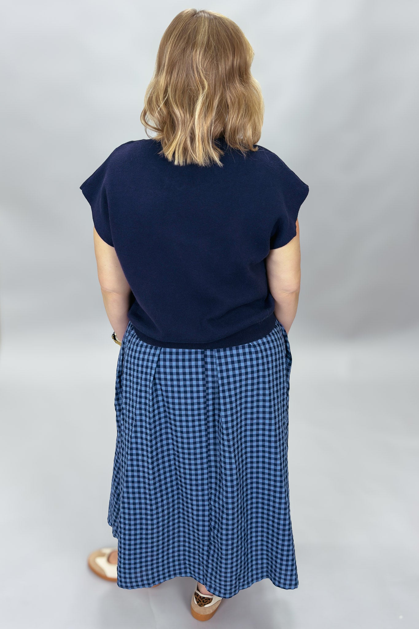Entro New York Confident navy gingham layered dress, side view