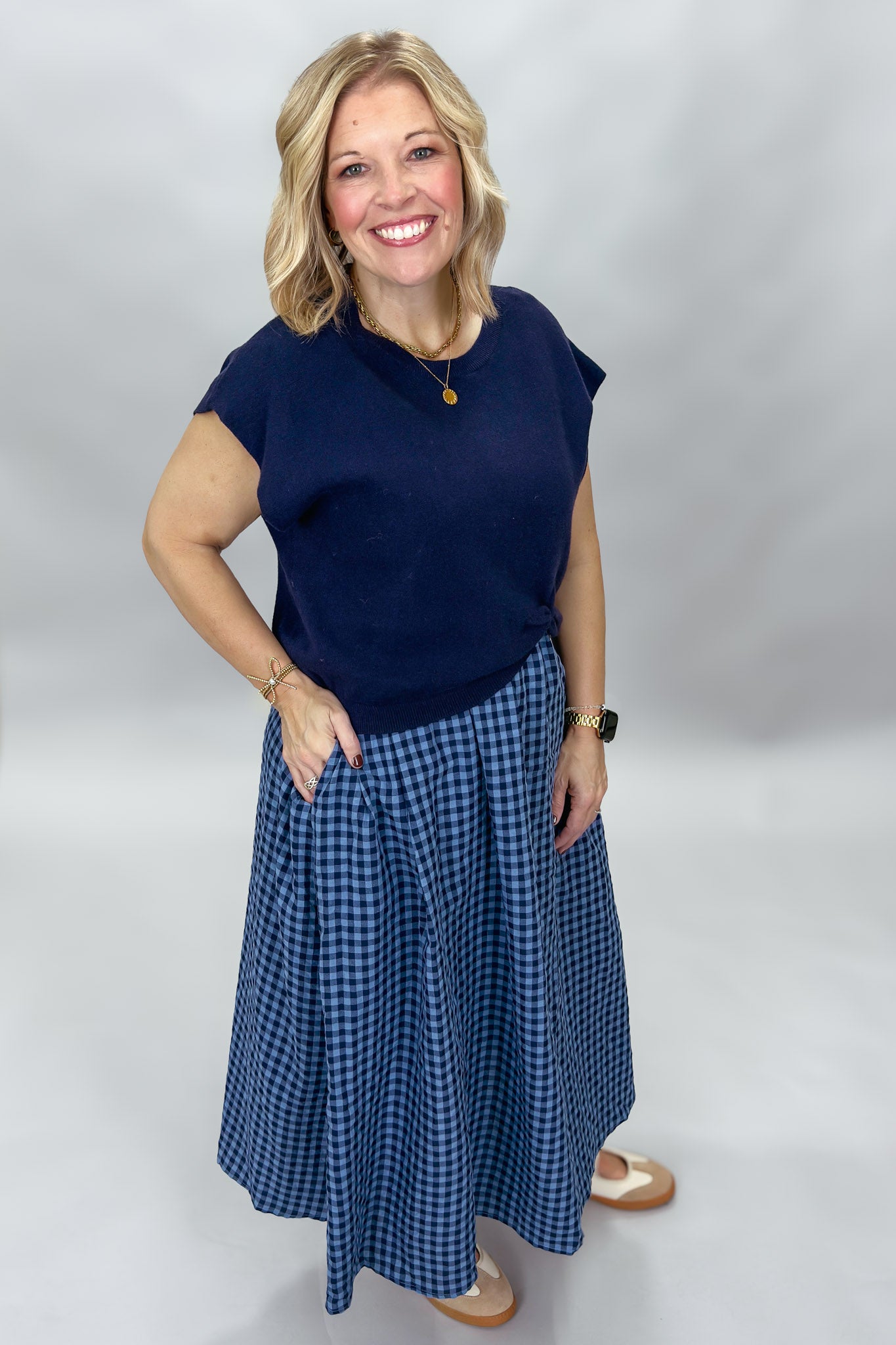 Entro New York Confident navy gingham dress set, styled