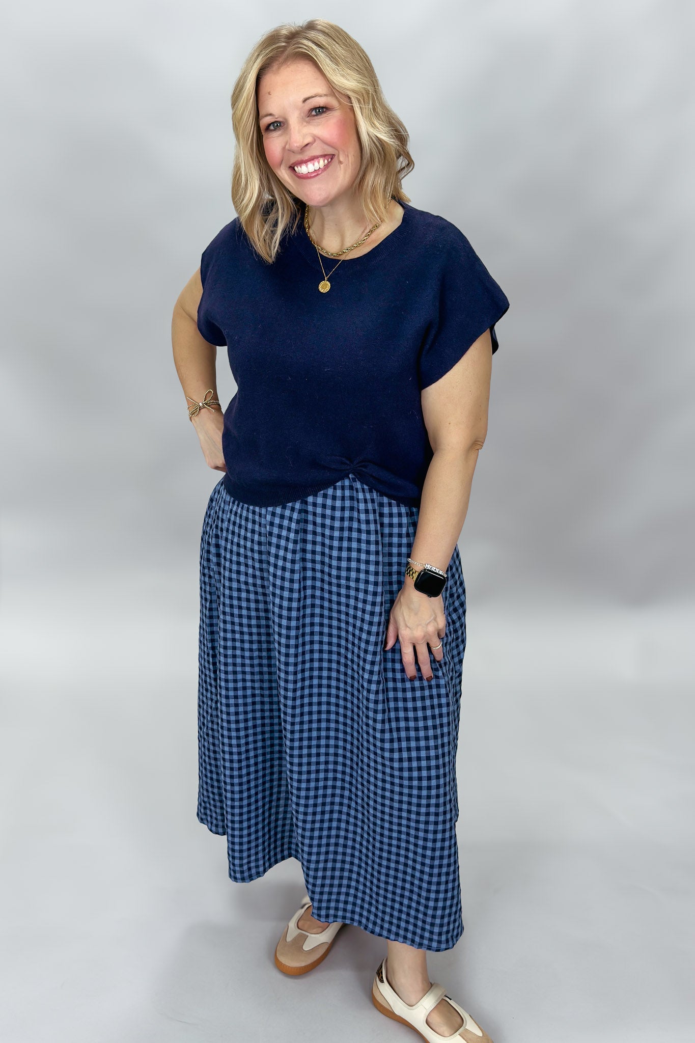 Entro New York Confident navy gingham layered dress, alternate view