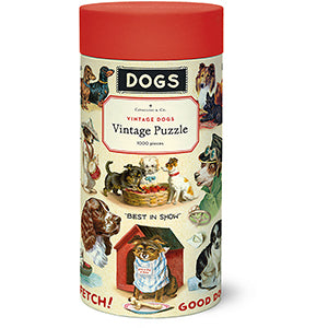 Cavallini Vintage Dogs 1,000-piece puzzle tube with illustrated dogs and red lid