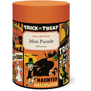 Cavallini Halloween 240-piece mini puzzle tube with orange and black vintage graphics