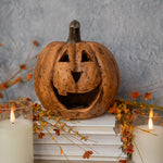 8-inch terracotta Big Mouth Pumpkin in a styled fall display; display suggestion, accessories not included