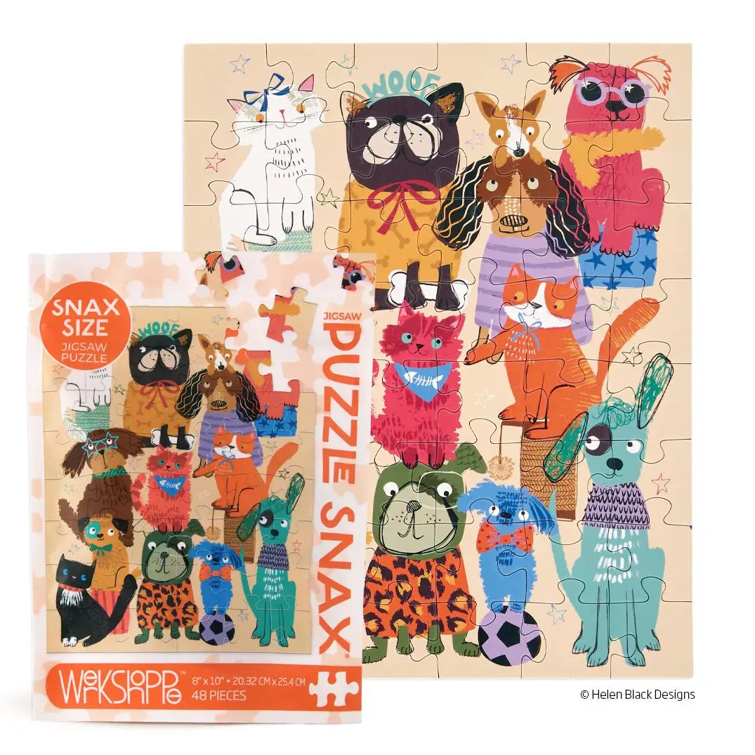 WerkShoppe Fur Babies 48-piece puzzle with illustrated dogs and pouch packaging
