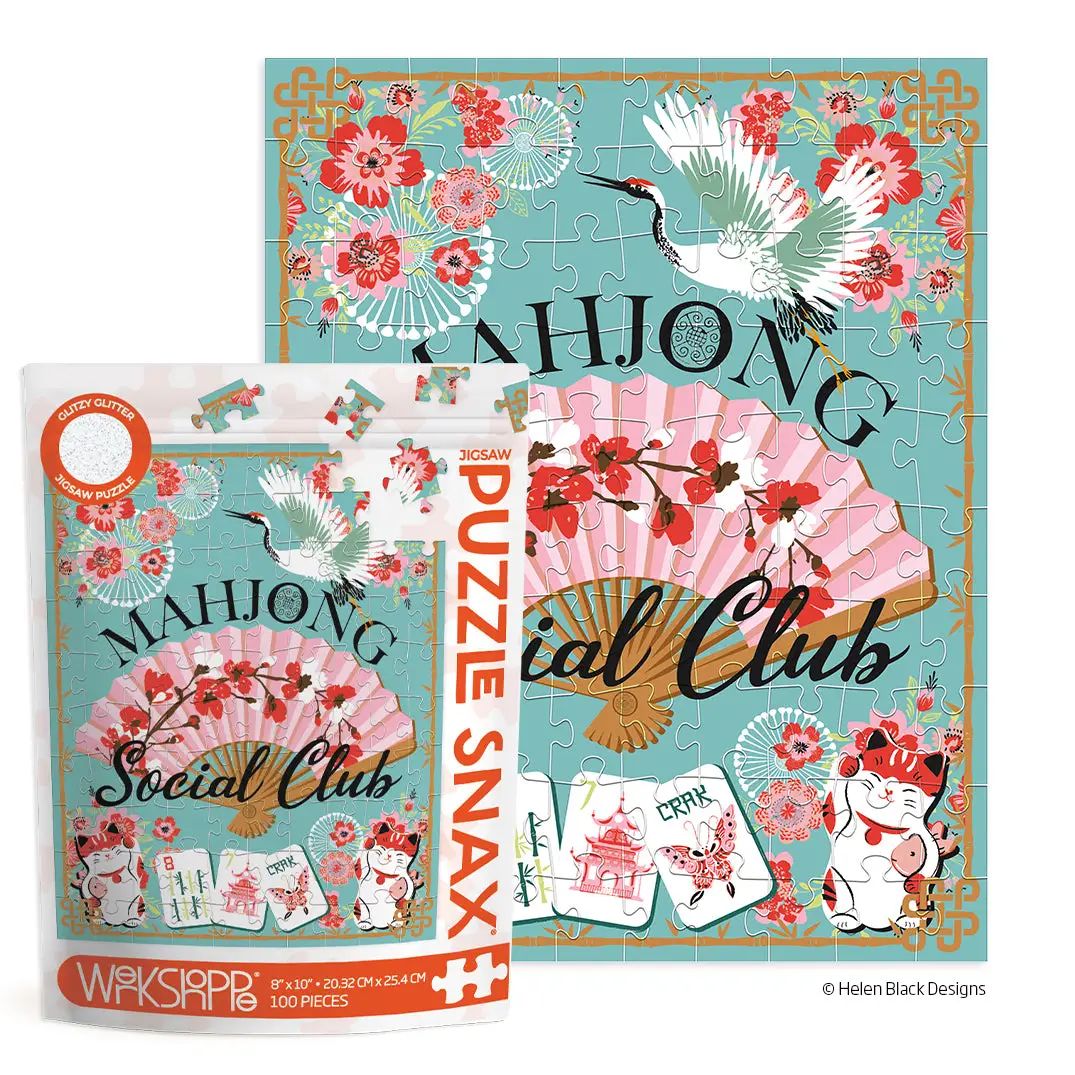 WerkShoppe Mahjong Social Club 100-piece puzzle with floral details, a crane, fan, and mahjong tiles
