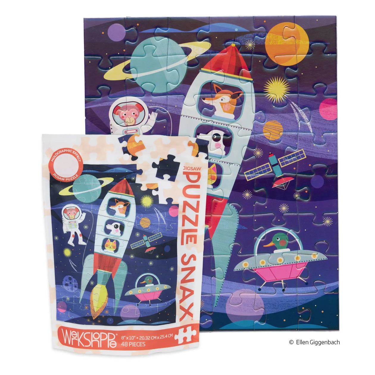 WerkShoppe Space Explorers 48-piece puzzle showing astronauts, planets, and pouch packaging