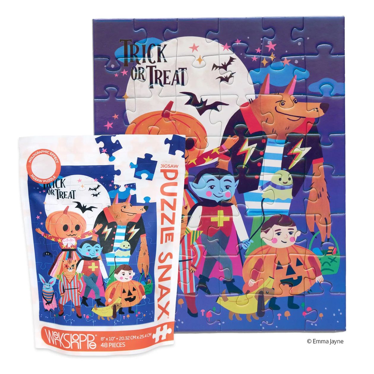 WerkShoppe Trick or Treat 48-piece puzzle showing Halloween costumes and pouch packaging
