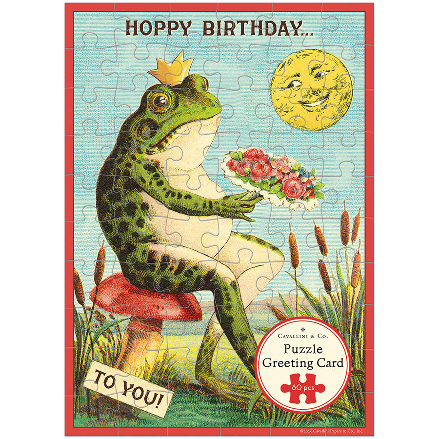 Cavallini Happy Birthday Frog 60-piece puzzle greeting card with a crowned frog