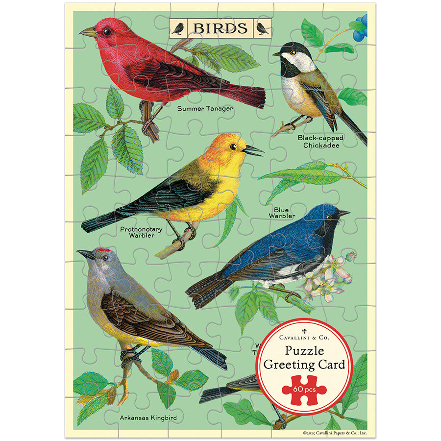 Cavallini Bird Watching 60-piece puzzle greeting card with colorful birds and green foliage