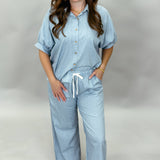Oh Wide World Pinstripe Button Up Wide Leg Set, Blue