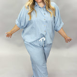 Oh Wide World Pinstripe Button Up Wide Leg Set, Blue