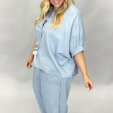 Oh Wide World Pinstripe Button Up Wide Leg Set, Blue