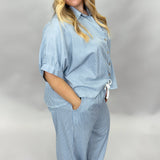 Oh Wide World Pinstripe Button Up Wide Leg Set, Blue