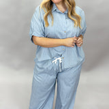 Oh Wide World Pinstripe Button Up Wide Leg Set, Blue
