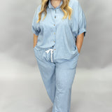 Oh Wide World Pinstripe Button Up Wide Leg Set, Blue