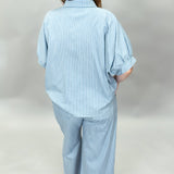 Oh Wide World Pinstripe Button Up Wide Leg Set, Blue
