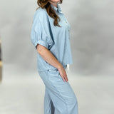 Oh Wide World Pinstripe Button Up Wide Leg Set, Blue