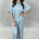 Oh Wide World Pinstripe Button Up Wide Leg Set, Blue