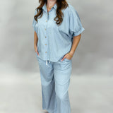 Oh Wide World Pinstripe Button Up Wide Leg Set, Blue