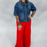 On Call Linen Blend Tiered Wide Leg Palazzo Pants, Red