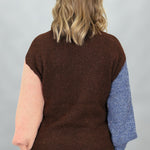 Compania Fantastica mocha sweater with blue and pink sleeves; back view.