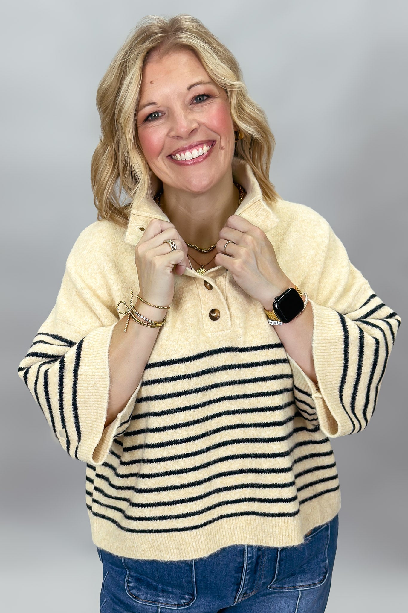 Entro One Last Time cream striped sweater, front view