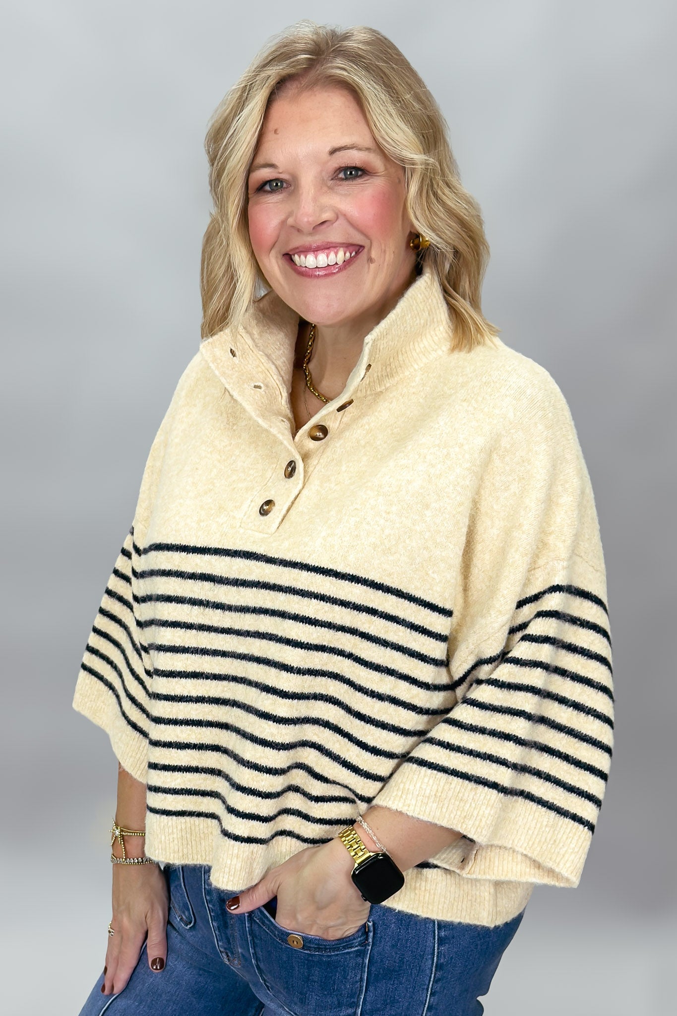Entro One Last Time cream striped sweater, side view