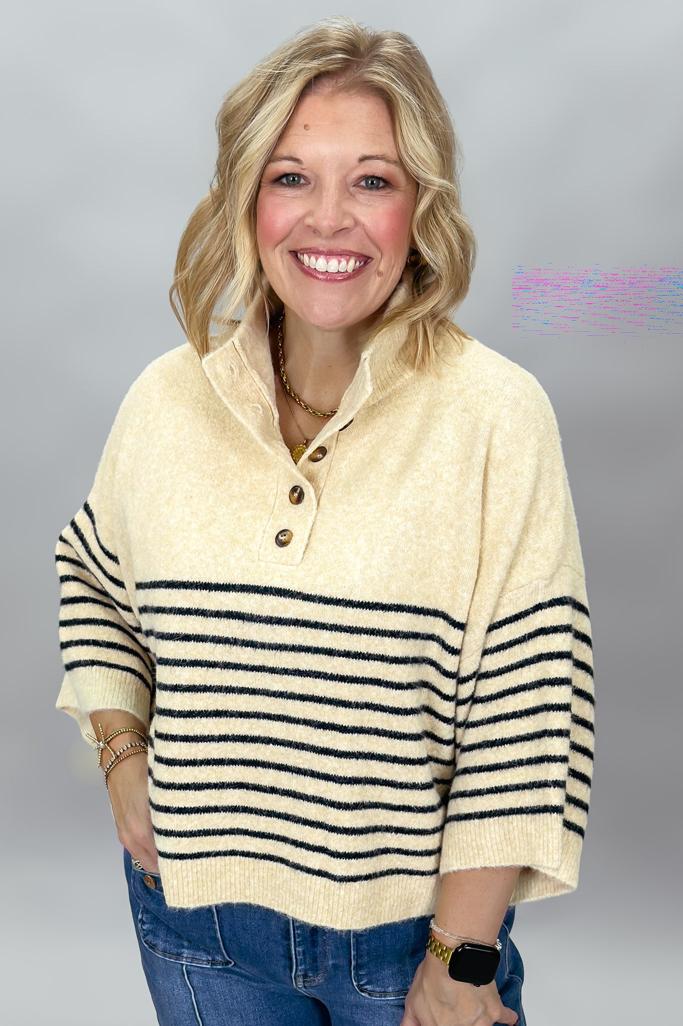 Entro One Last Time cream striped sweater, styled