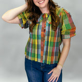 Paid Time Off Plaid Ruffle Collar Short Sleeve Top