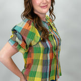 Paid Time Off Plaid Ruffle Collar Short Sleeve Top