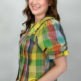 Paid Time Off Plaid Ruffle Collar Short Sleeve Top
